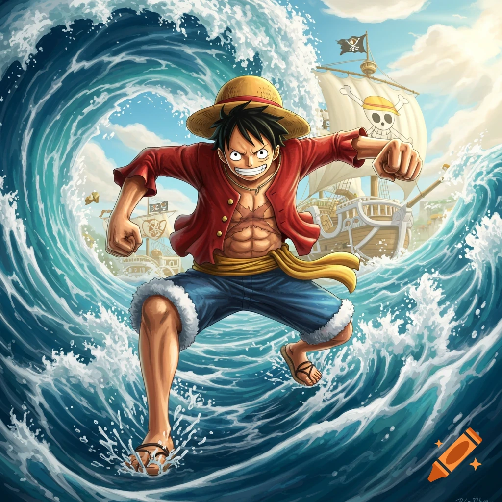 Luffy from One Piece leaps through a giant ocean wave with his pirate ship in the background, in an anime art style.