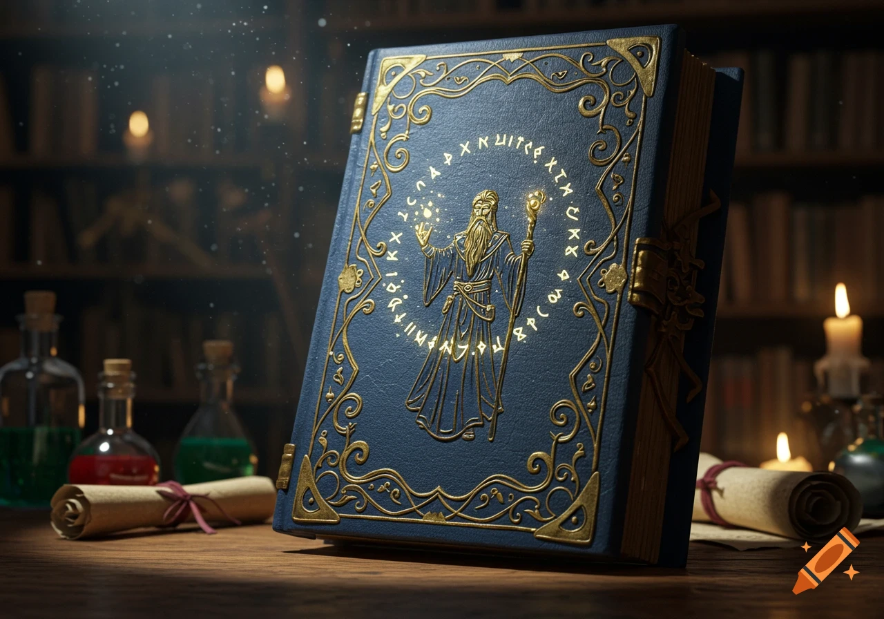 A dark blue magical spellbook with ornate gold trim and a wizard figure ...