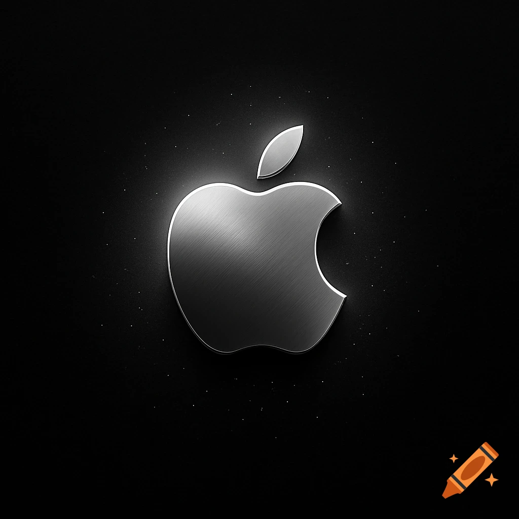 A brushed metallic silver Apple logo with a glowing outline on a dark, speckled background.