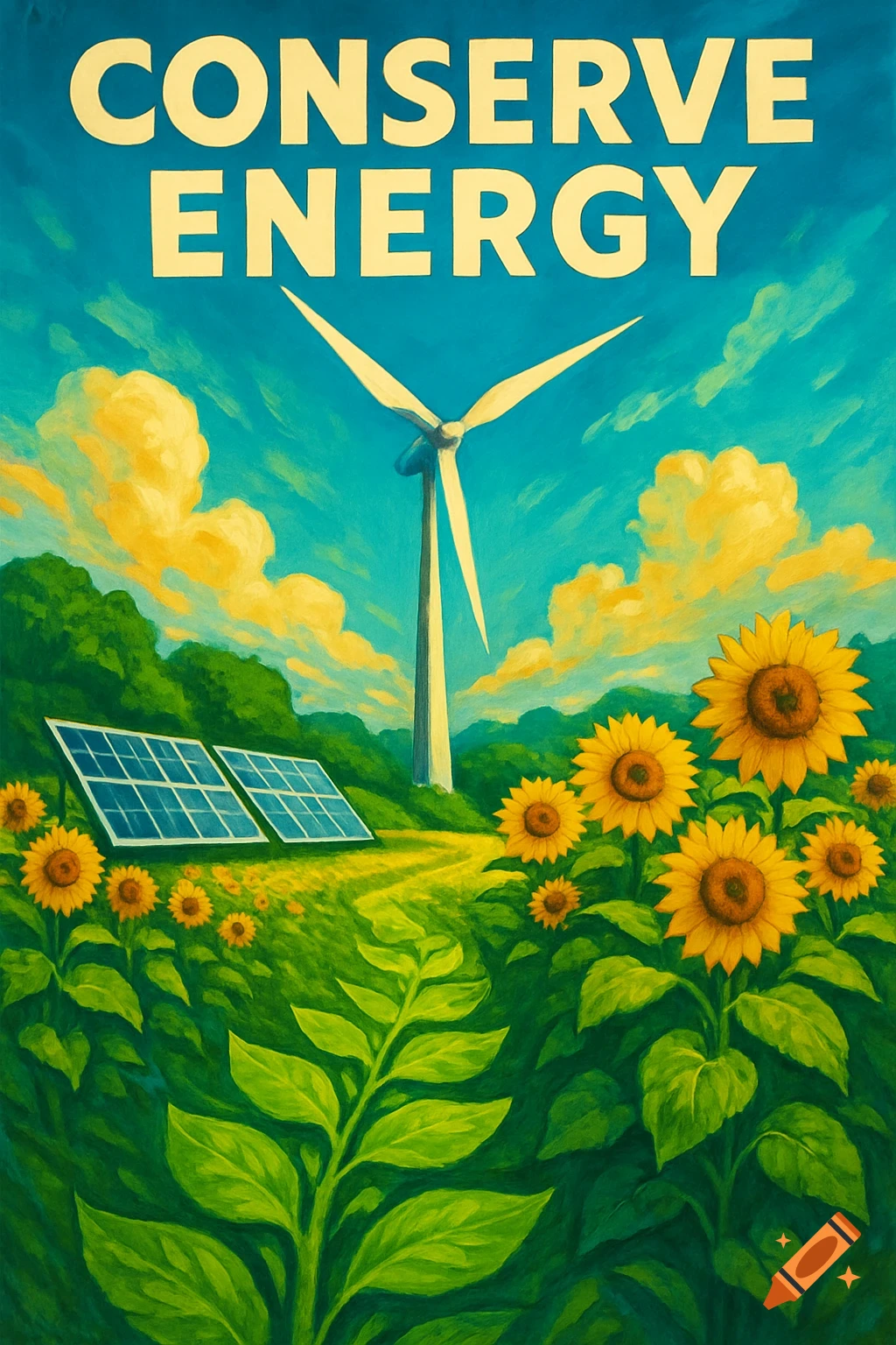 A vibrant poster depicting a wind turbine, solar panels, and sunflowers in a green field under a blue sky with text 'CONSERVE ENERGY'.