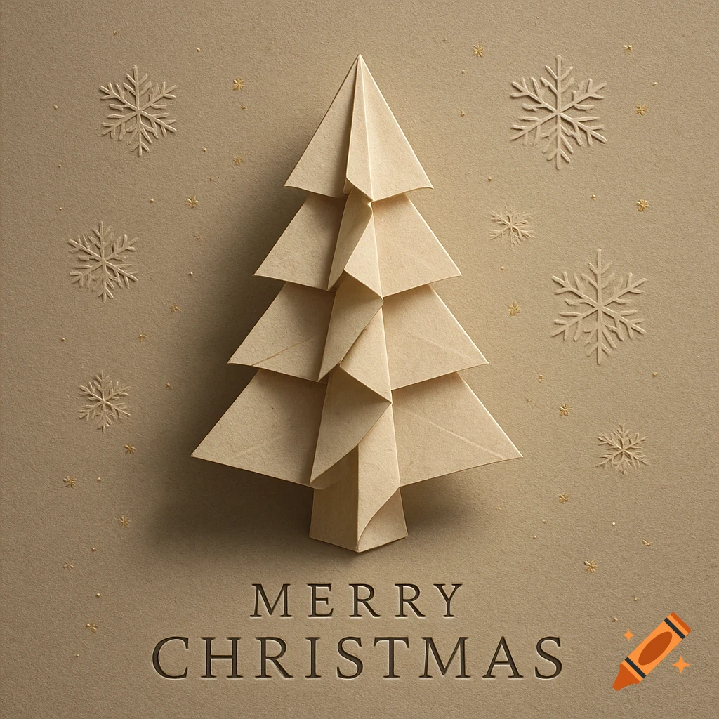 Origami Christmas tree on a beige paper background with embossed snowflakes and 'MERRY CHRISTMAS' text.