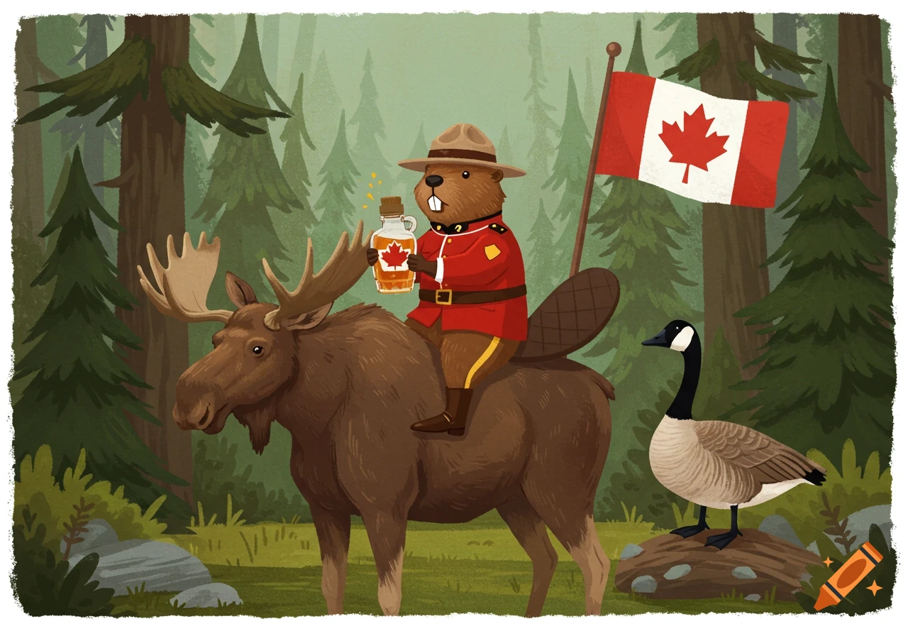 A cartoon Canadian mountie beaver riding a moose through a forest, holding maple syrup and a Canadian flag, with a goose nearby.