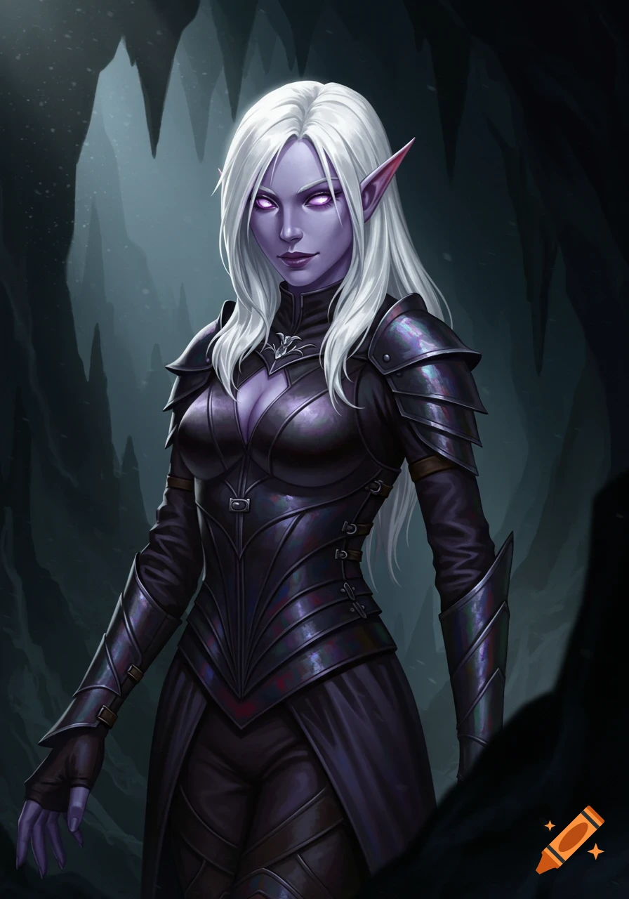 A stylized portrait of a female drow rogue with silver hair, glowing lilac eyes, and a mysterious smirk, wearing dark leather armor in a shadowy cavern.