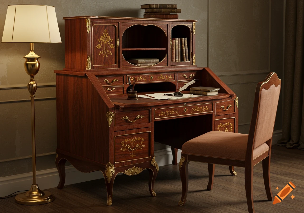 A photorealistic vintage wooden writing desk with a hutch, gold accents, books, a quill, and a matching chair, beside a floor lamp.