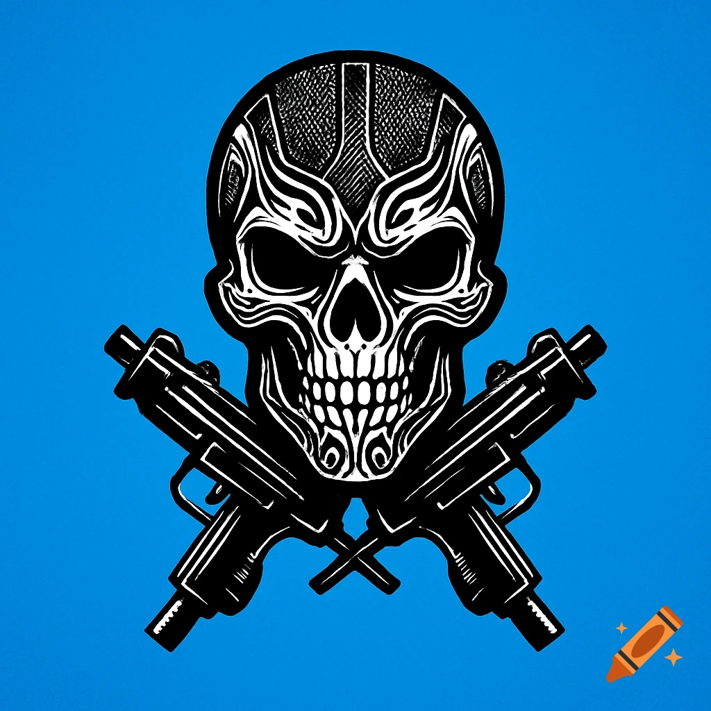 Stylized black and white skull logo with crossed Uzi submachine guns on a blue background.