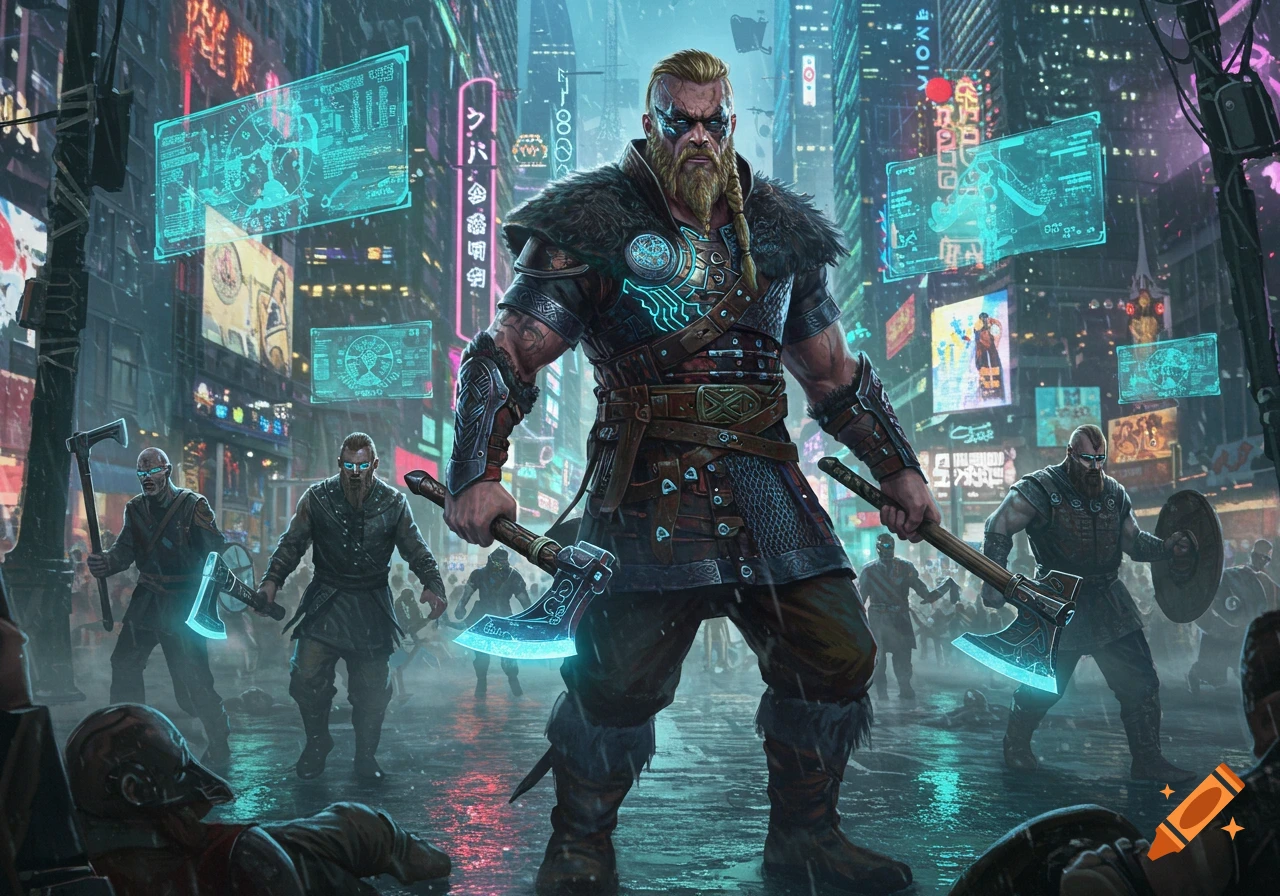 A muscular Viking warrior with glowing axes stands in a rainy, neon-lit cyberpunk city, surrounded by other warriors.