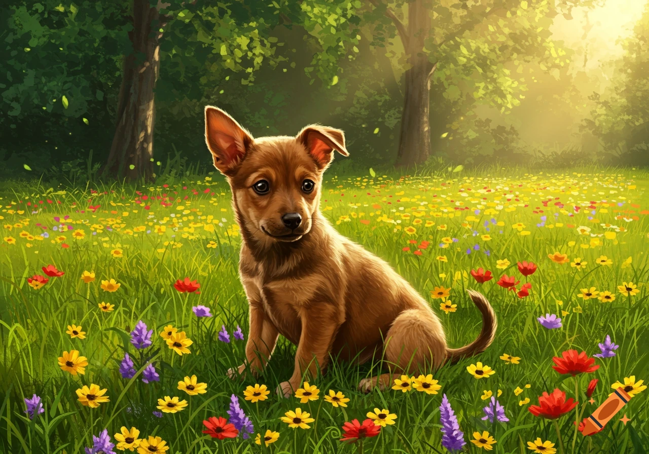 A brown puppy sitting in a vibrant field of colorful wildflowers with trees and sunlight in the background, digital art.