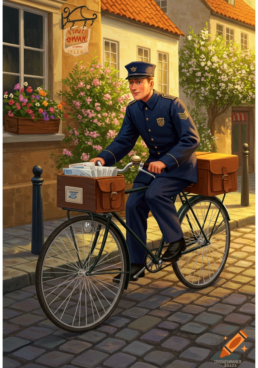 A postman in a blue uniform rides a bicycle with mail baskets down a cobblestone street, past a building with flowers in a painterly style.