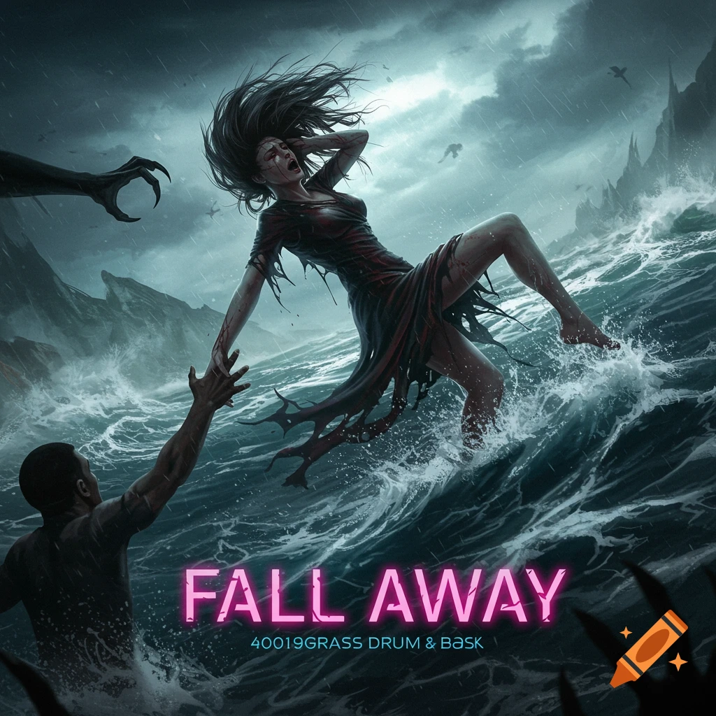 Dramatic fantasy album cover of a woman being dragged into a stormy sea by a demon's clawed hand, as a man reaches to save her. Neon text "FALL AWAY" and "40019GRASS DRUM & BASS" are prominent.