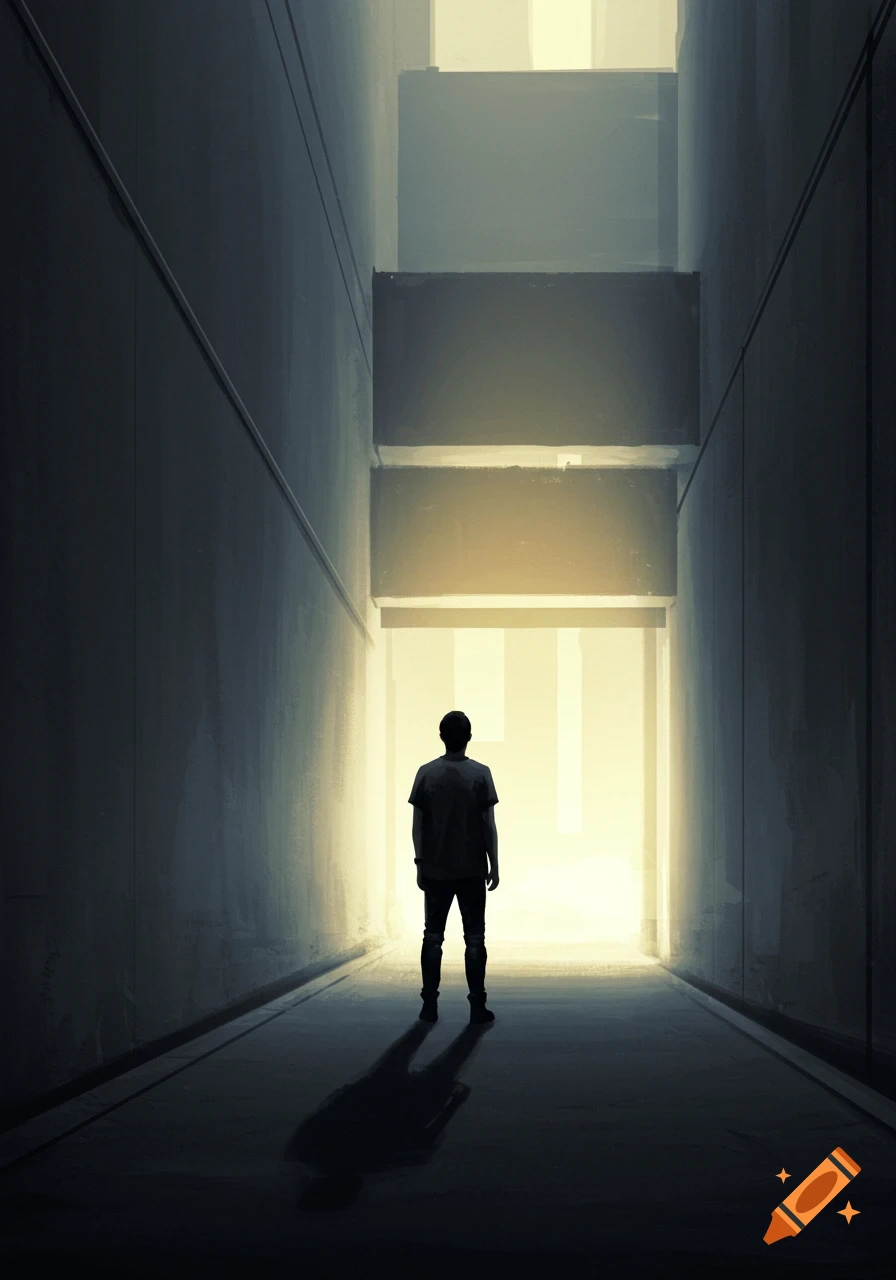 A lone figure stands facing a bright light at the end of a dark, minimalist concrete alley.