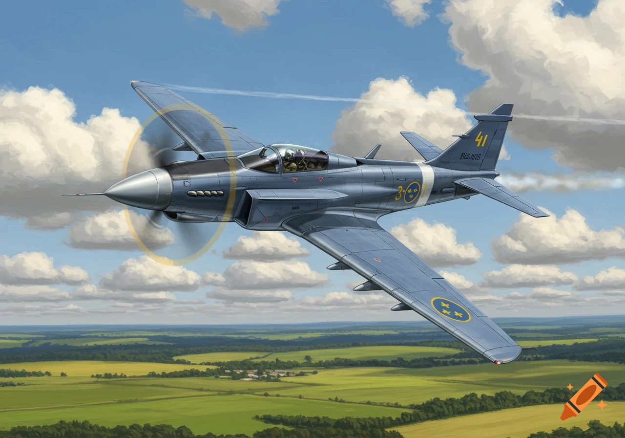A blue and gray propeller-driven fighter jet with yellow markings and a smiley face flies over green fields and forests under a blue sky with white clouds in an illustrated style.