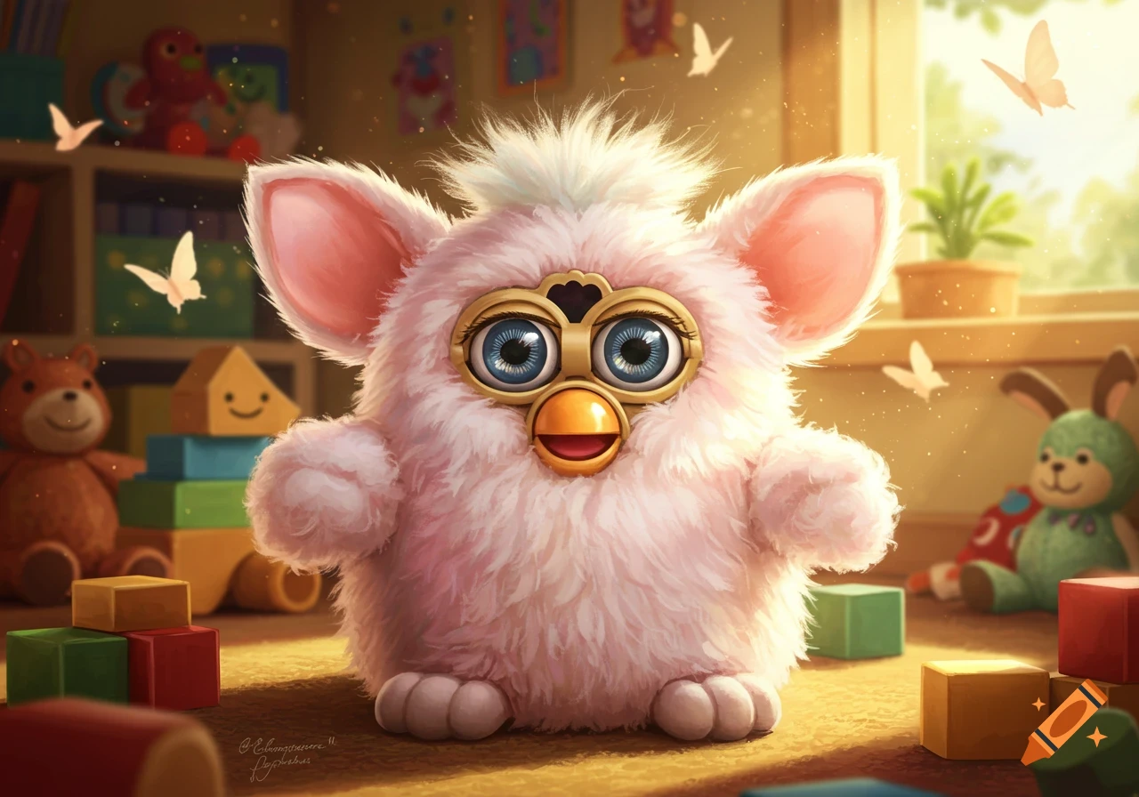 A cute, fluffy pink and white Furby toy with large blue eyes sits in a sunlit playroom surrounded by colorful building blocks and other toys.