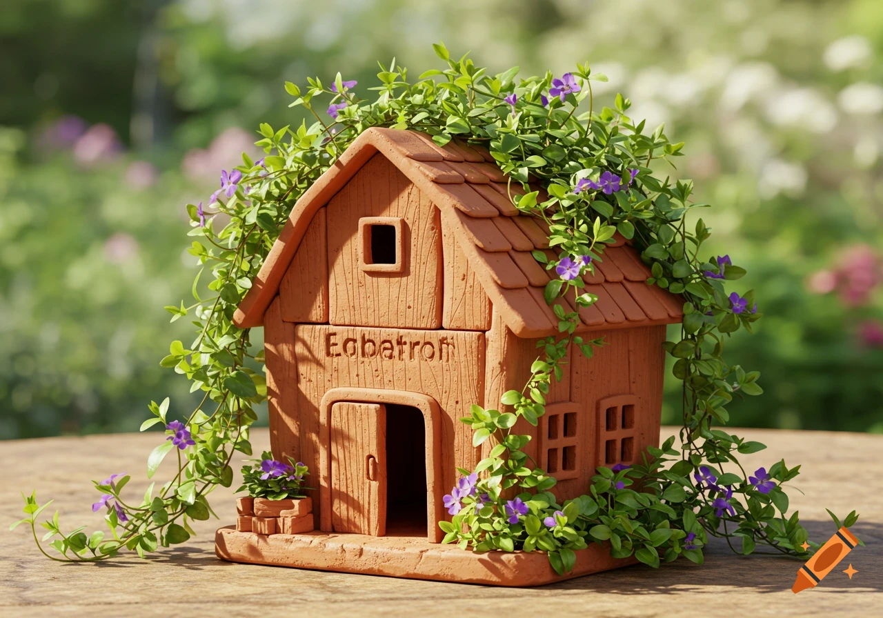 A terracotta planter shaped like a small barn, overgrown with green vinca vines and small purple flowers, on a wooden surface.