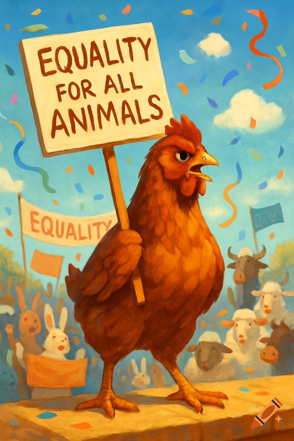 A proud hen holds a sign reading 'Equality for all Animals' at a protest rally with other farm animals, illustration.