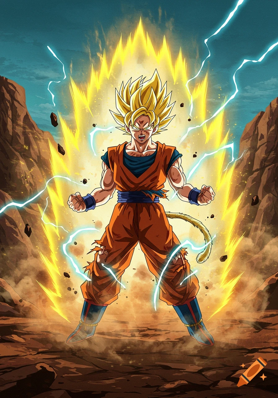 Goku in Super Saiyan form stands powerfully in a desolate, rocky landscape, surrounded by a bright golden aura and lightning.