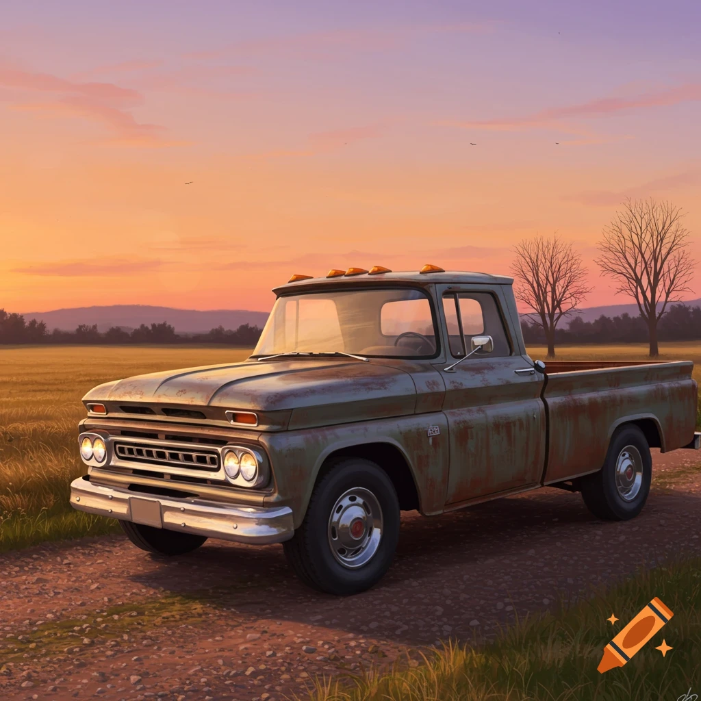 A weathered green pickup truck sits on a dirt road in a field with a vibrant orange and purple sunset in the background.