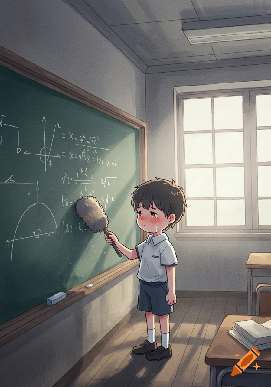 A crying anime-style boy in a school uniform cleans a blackboard covered in mathematical equations in a classroom.