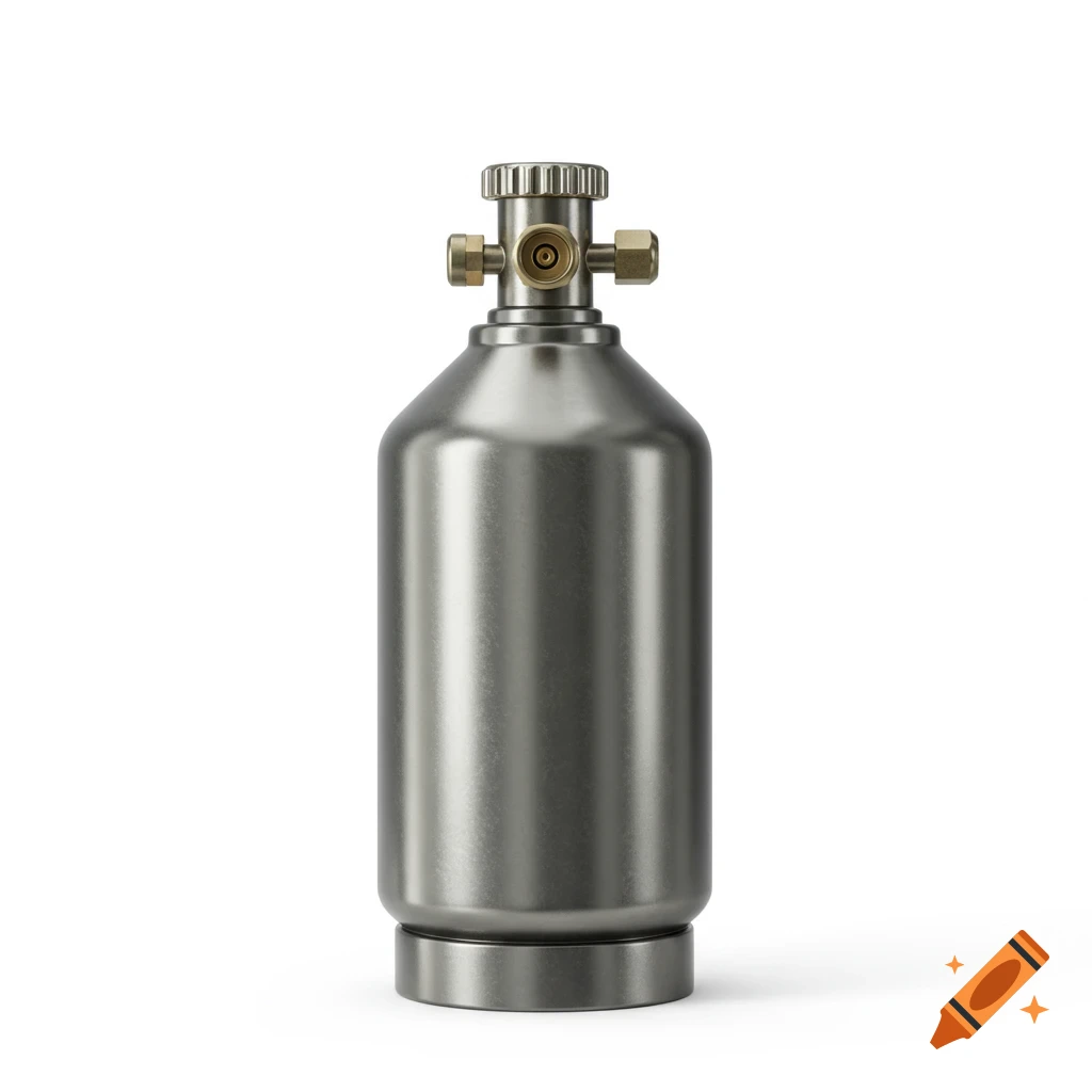 A silver metallic gas cartridge with a brass valve on top, isolated on a white background.
