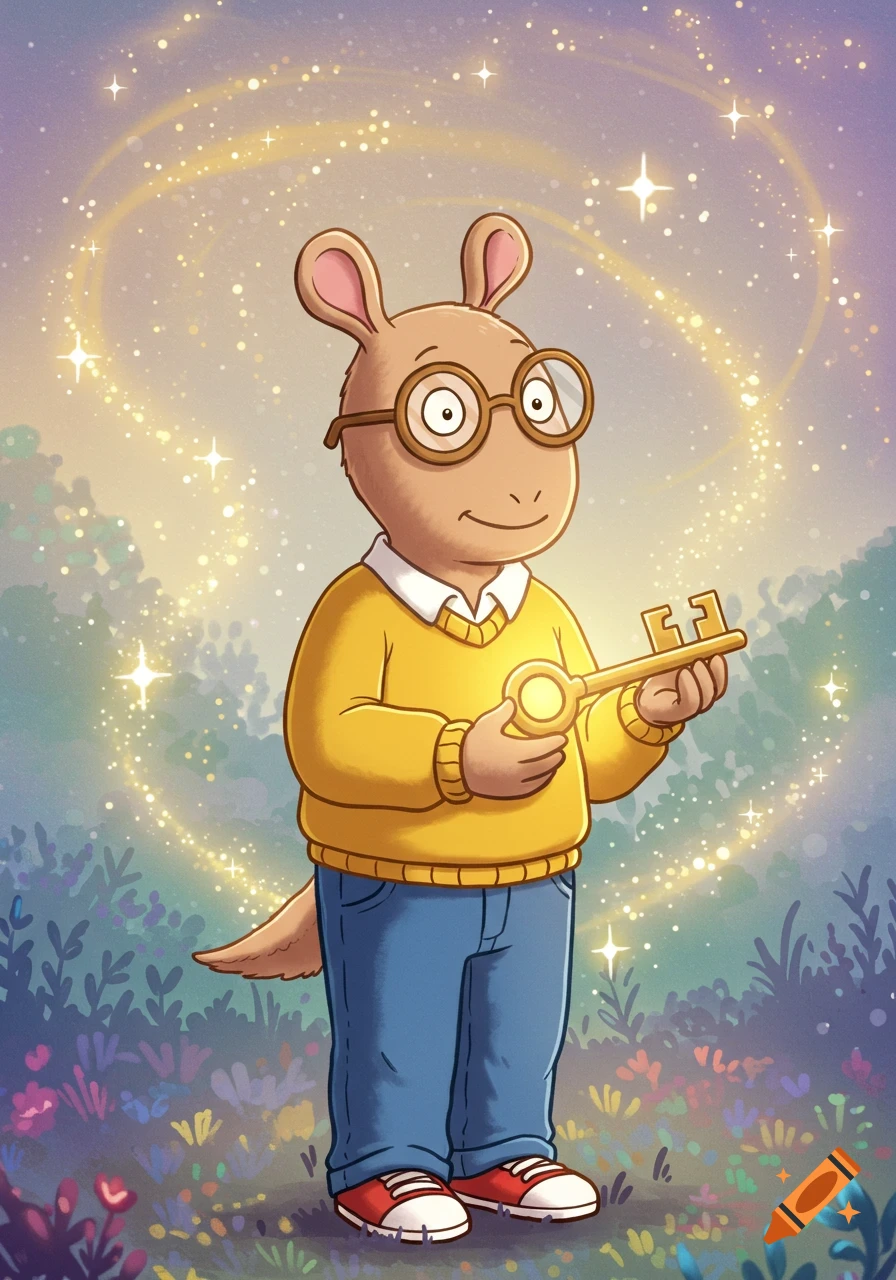 Cartoon aardvark Arthur Read in glasses, wearing a yellow sweater and blue jeans, holds a glowing golden key in a magical forest.