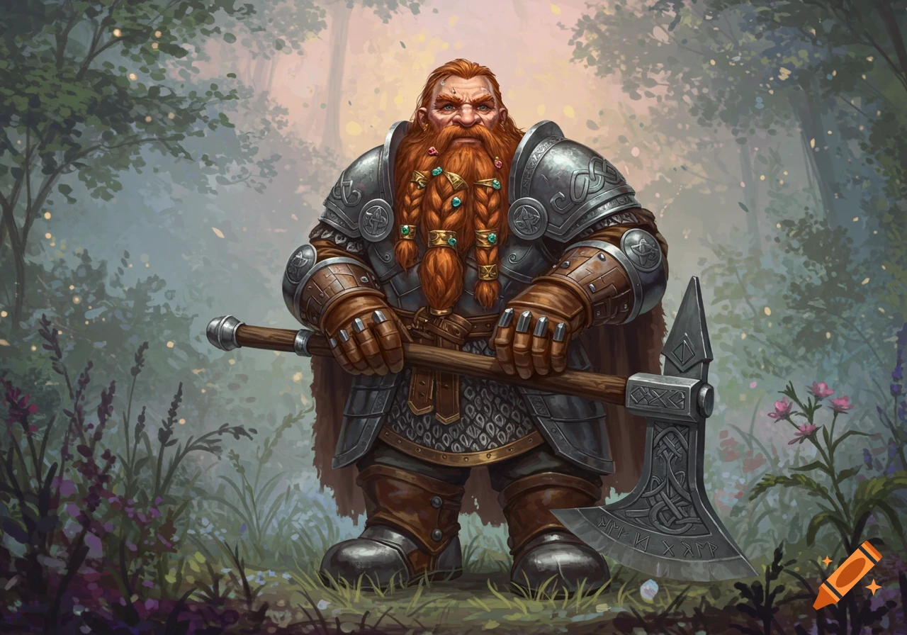 A detailed illustration of a stout dwarf warrior with a braided red beard, wearing intricate metal armor and holding a large axe in a mystical forest setting.