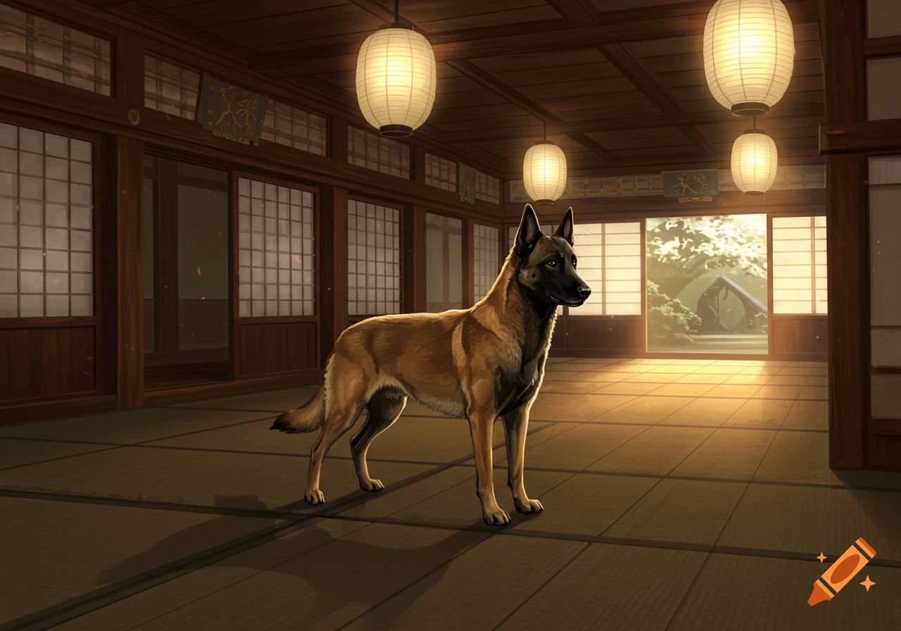 A brown and black Belgian Malinois stands in a traditional Japanese dojo with paper lanterns and sliding screens, bathed in warm sunlight.