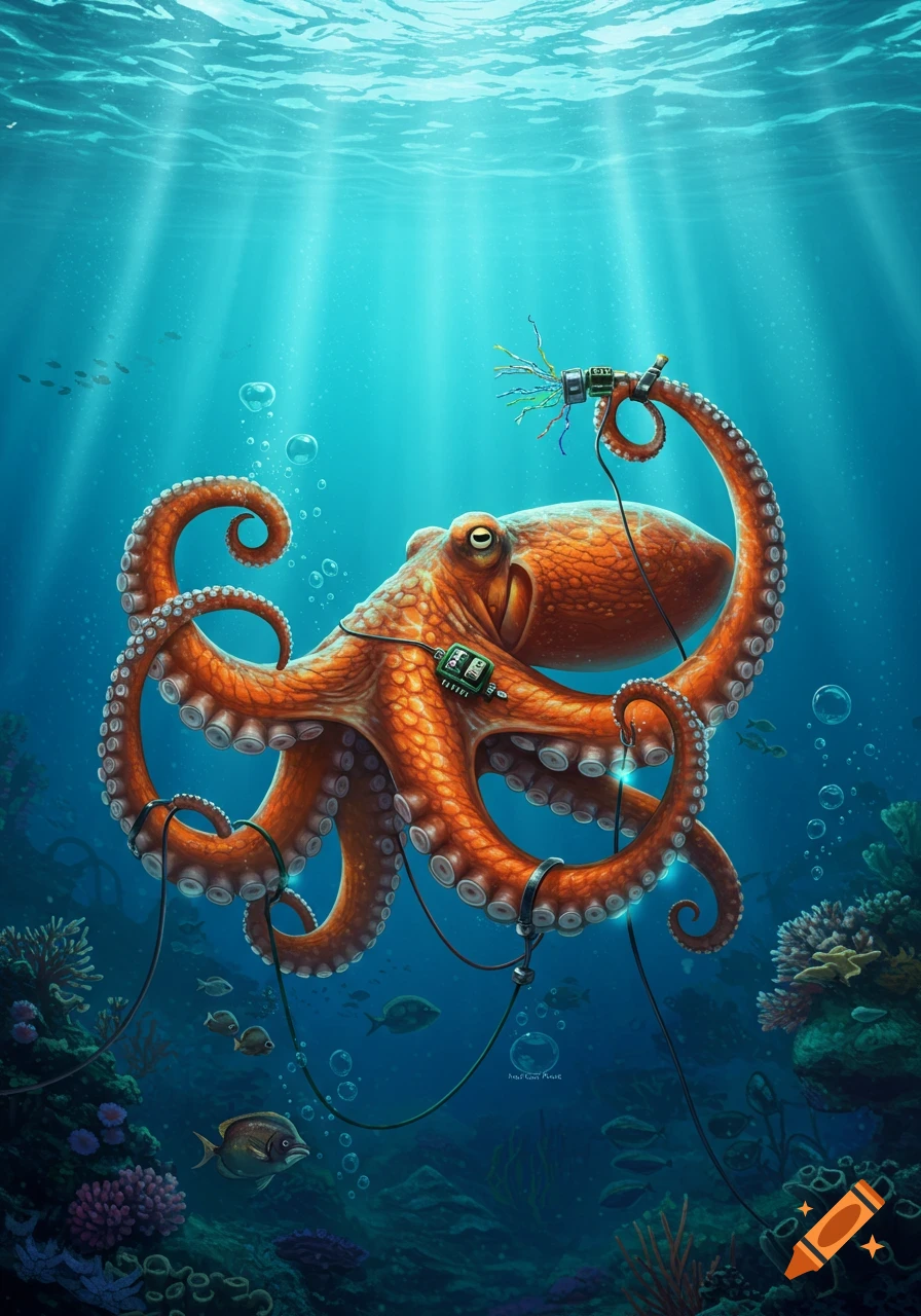 An orange octopus with electrical wires and devices attached to its tentacles and body swims in a vibrant blue ocean, with coral reefs and fish below.