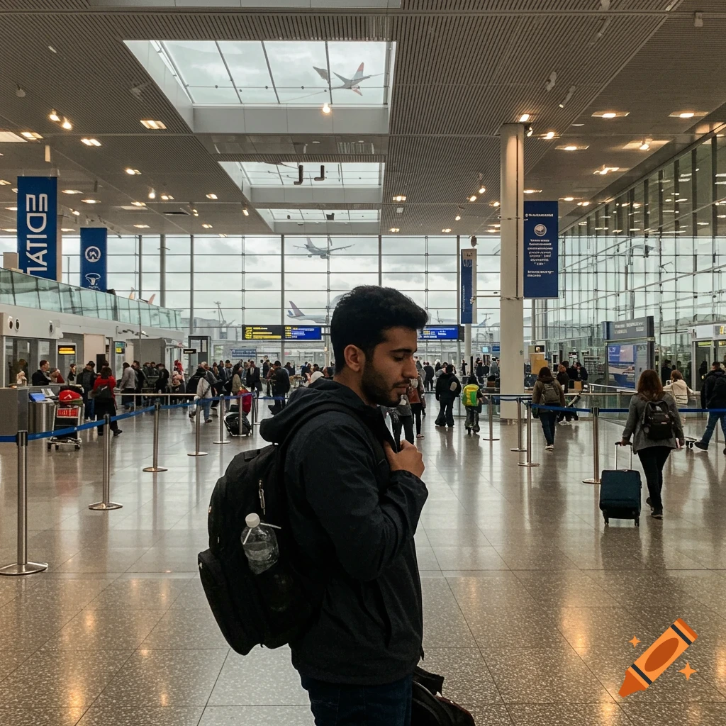 A man with a backpack in an airport terminal, with airplanes visible through large windows.