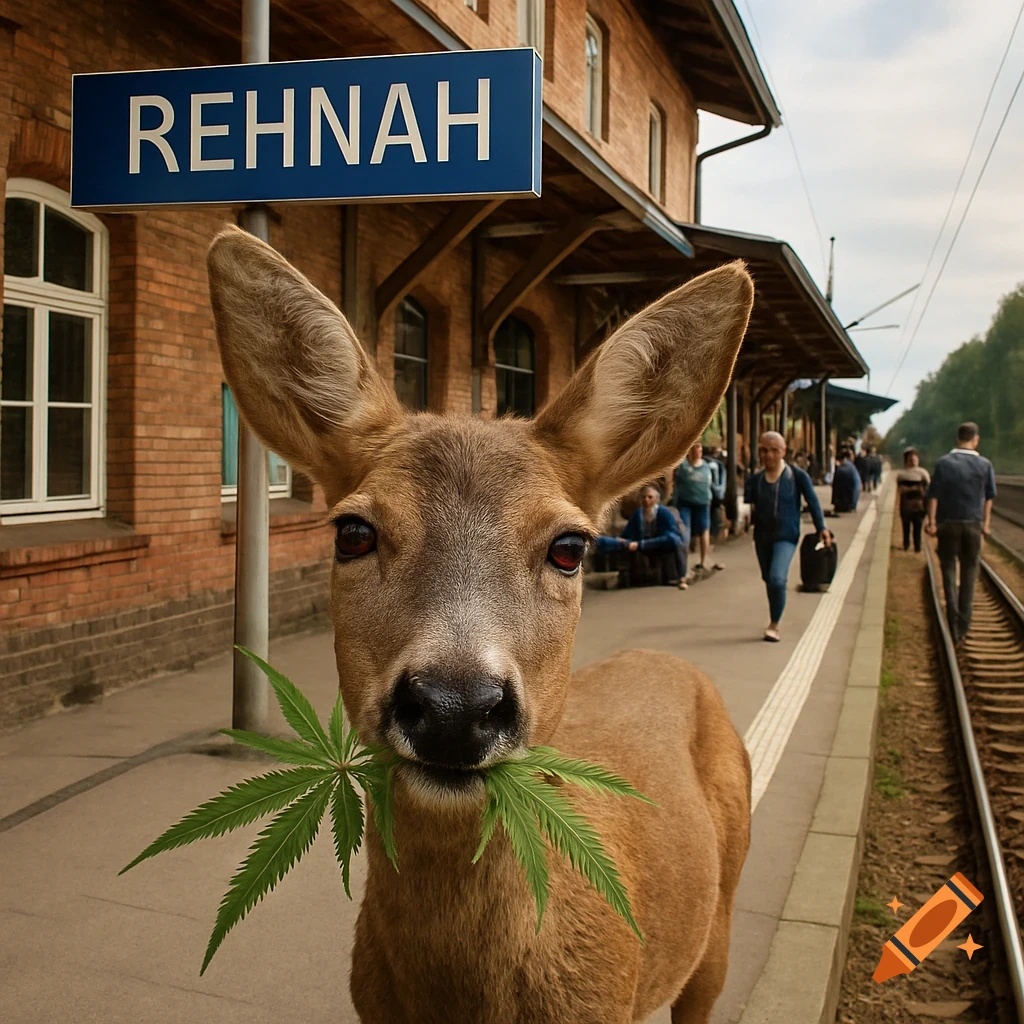 Photorealistic close-up of a deer with red eyes holding a cannabis leaf in its mouth, at a train station with a 'REHNAH' sign.