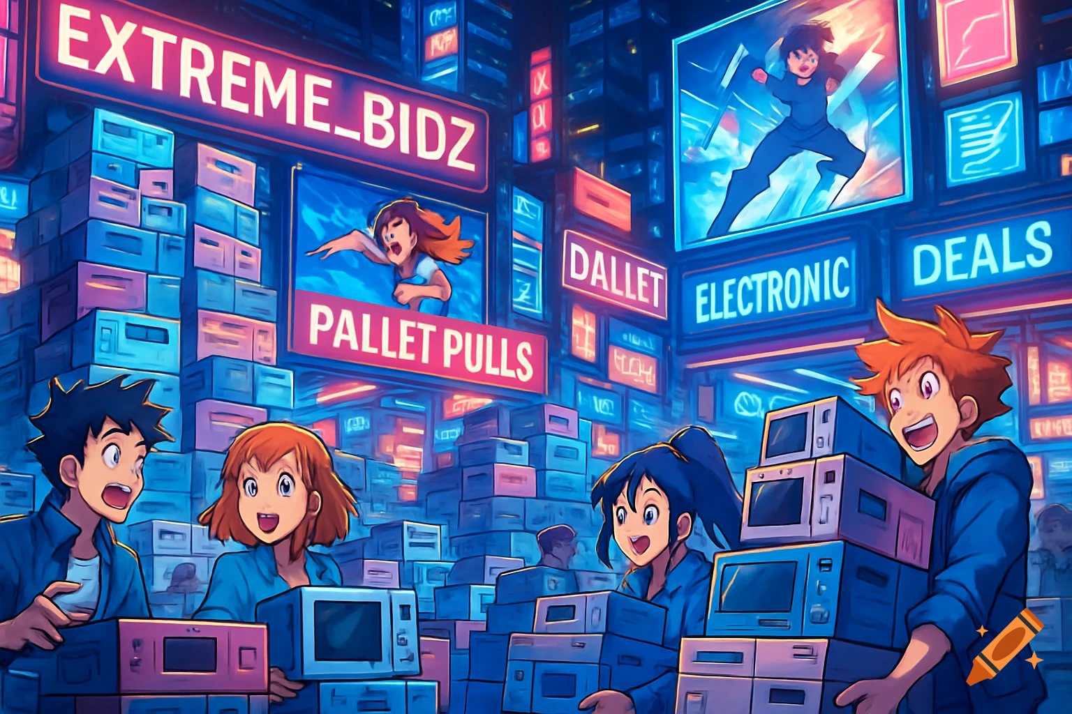 Four anime characters enthusiastically shop for electronic goods in a bustling, neon-lit city, with signs like "EXTREME_BIDZ" and "ELECTRONIC DEALS" in the background.