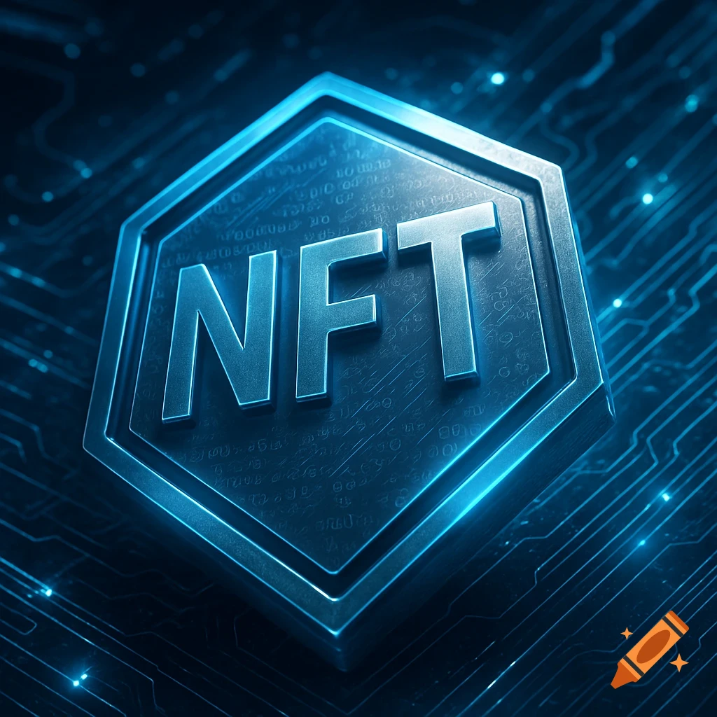 A glowing blue hexagonal emblem with 'NFT' in silver letters, set against a dark, futuristic circuit board background.