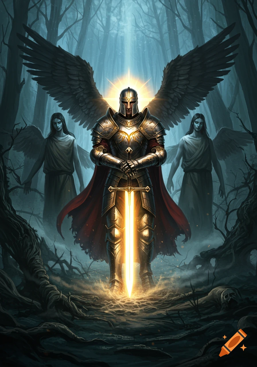 A knight in golden armor with large wings holds a glowing sword in a dark, misty forest, flanked by two ethereal angels.