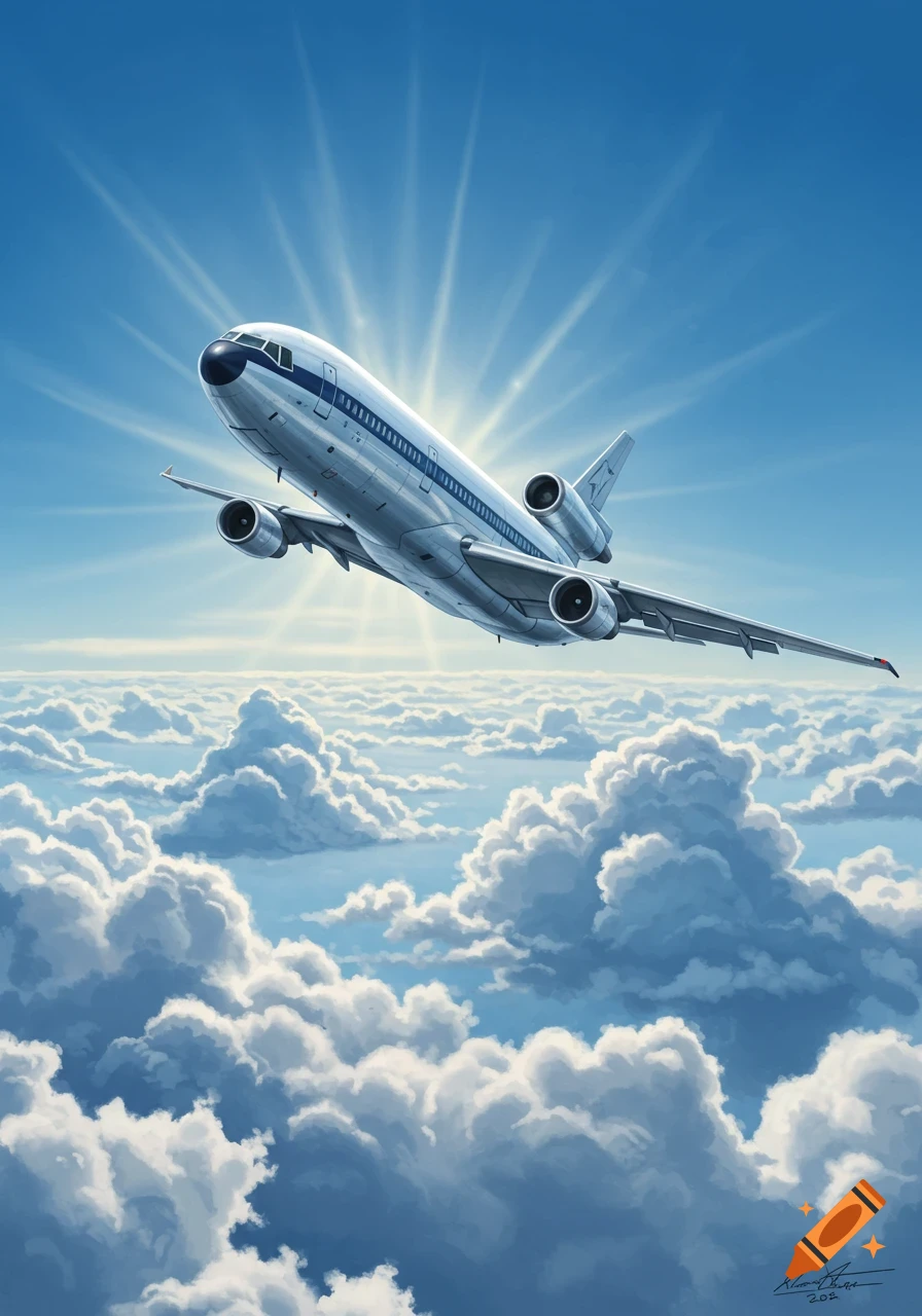 A silver DC-10 airplane ascends above white cumulus clouds in a bright blue sky, with a sunburst behind it.