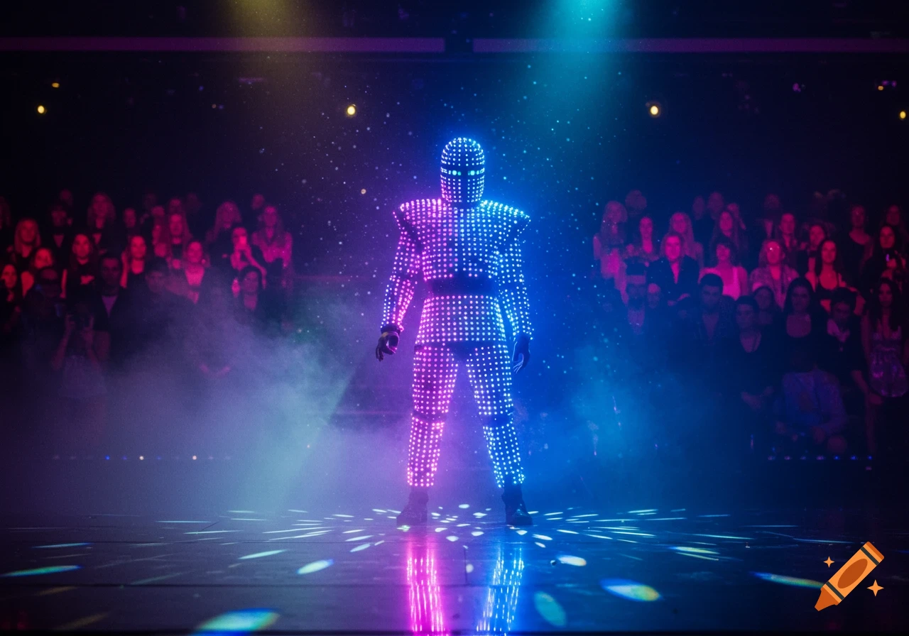 A performer in a glowing LED suit stands on a dark stage, bathed in blue and magenta lights, with an audience in the background.