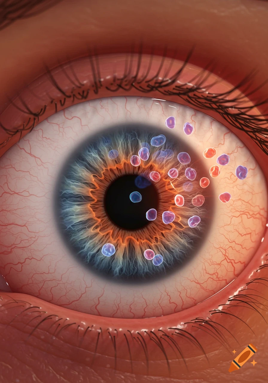 A highly detailed close-up of a human eye with an inflammatory response, showing colorful cell-like particles on the iris and sclera.