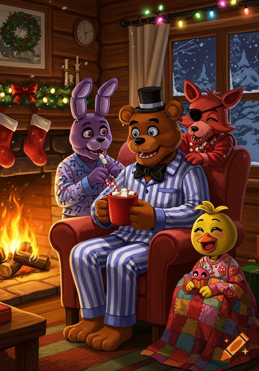Illustrated Christmas scene with Freddy Fazbear, Bonnie, Foxy, and Chica in pajamas by a fireplace, drinking cocoa.