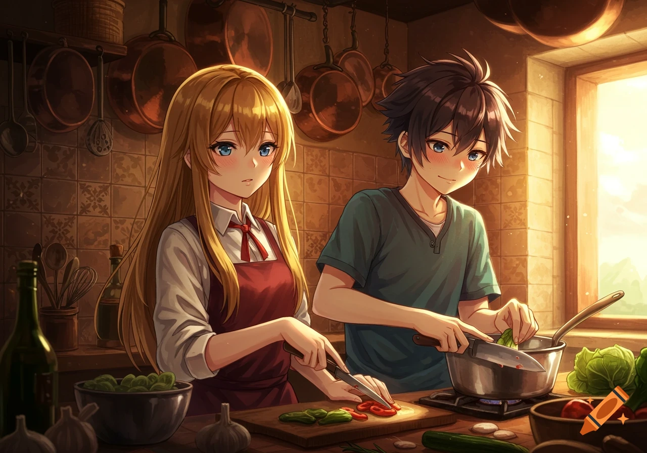 Anime style depiction of a boy and a girl cooking together in a warm kitchen, chopping vegetables.