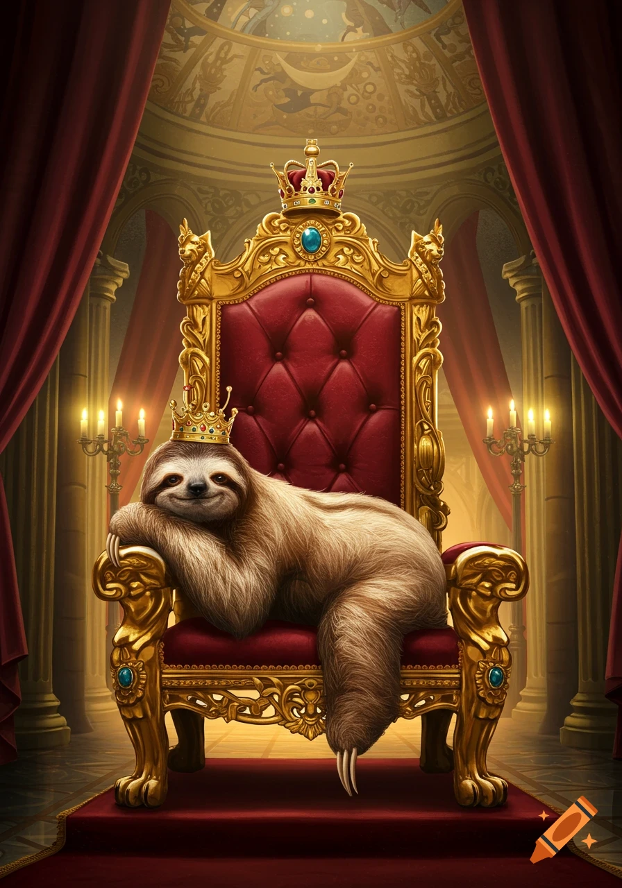 A sloth wearing a small crown lies comfortably on a large golden and red velvet throne in an opulent room with red drapes and columns.
