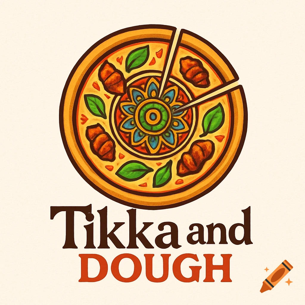 Stylized logo featuring a pizza with Indian-inspired toppings and a colorful mandala in the center. Text reads 'Tikka and DOUGH'.