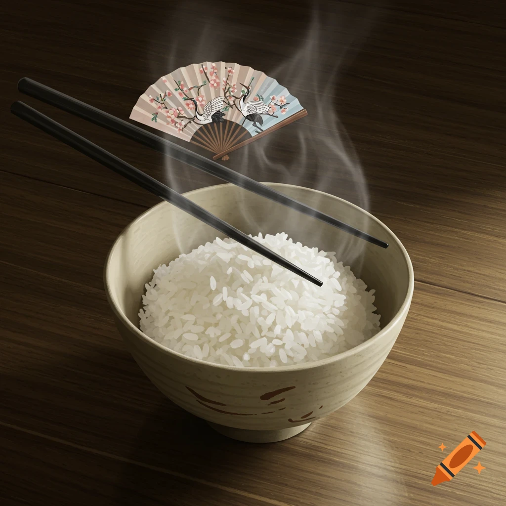 A bowl of steaming white rice with black chopsticks, and a decorative fan featuring cranes and cherry blossoms on a wooden table.