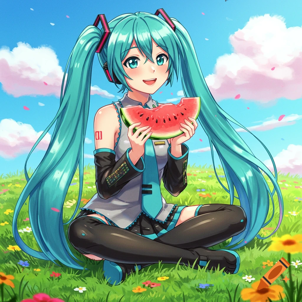 Hatsune Miku sits in a sunny flower field, smiling and eating a slice of watermelon, in anime style.