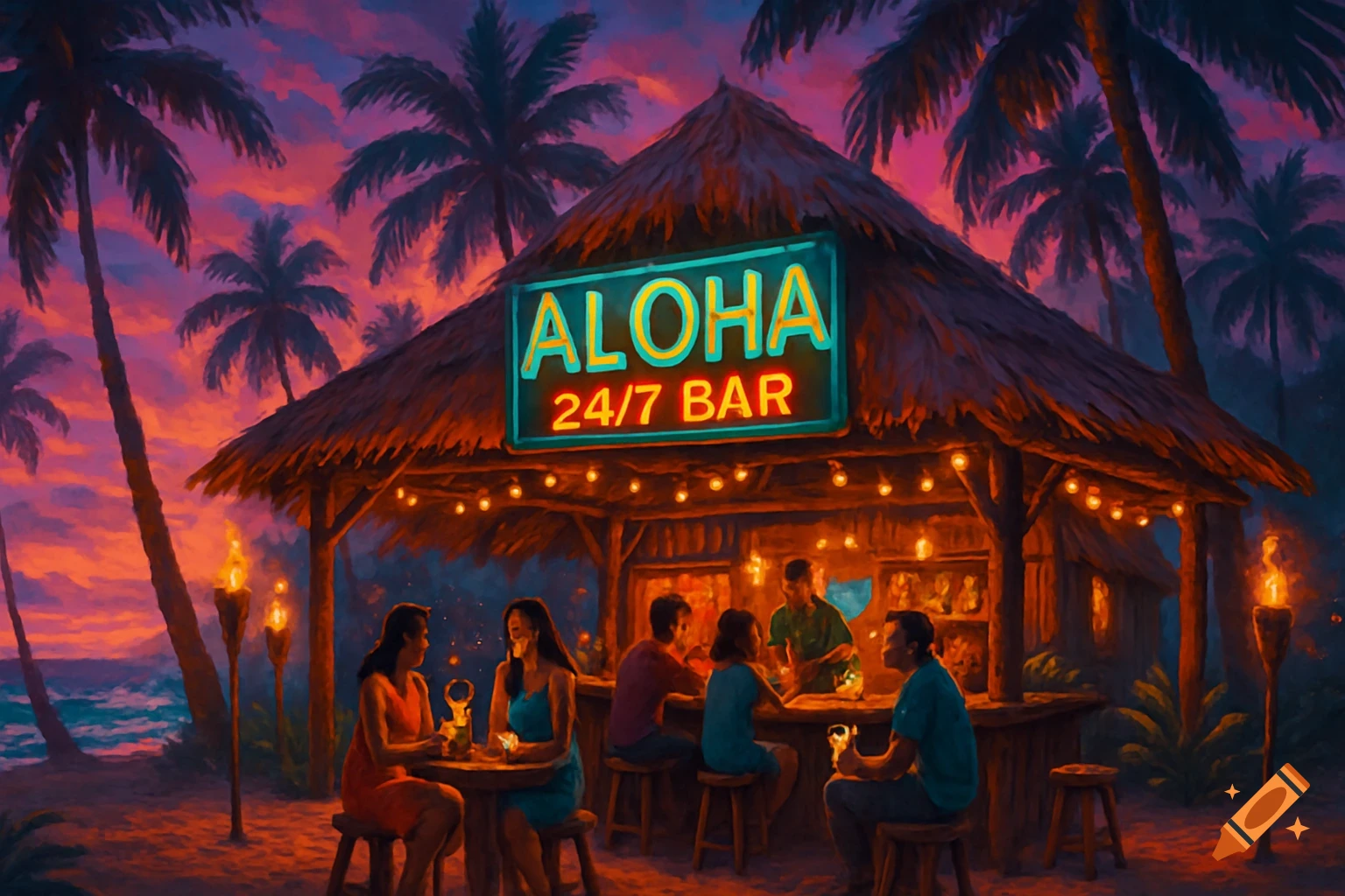 A colorful, painterly image of a tiki bar on a beach at sunset, with a 'ALOHA 24/7 BAR' neon sign and people drinking.
