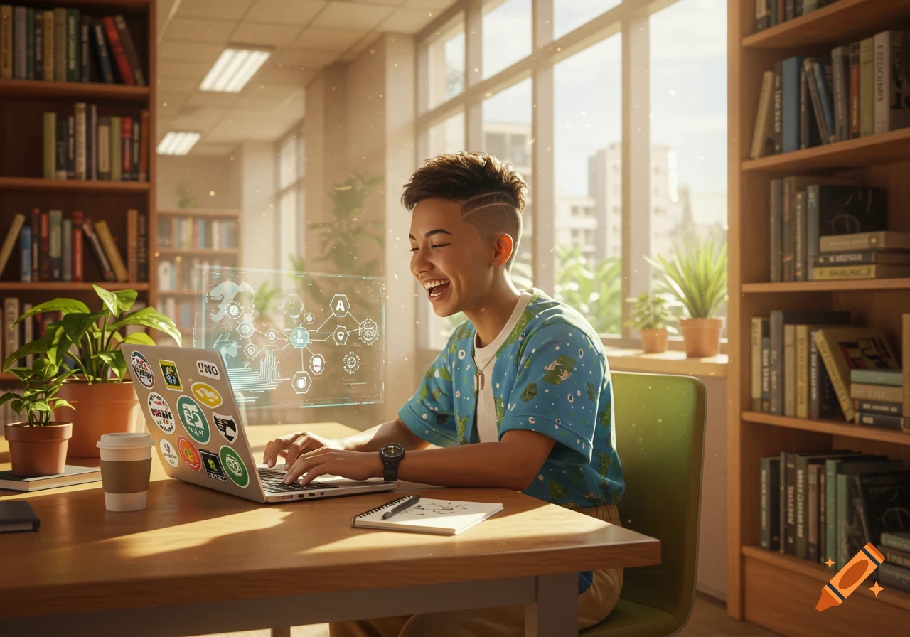 A cheerful student with a modern haircut laughs while typing on a laptop, surrounded by books and a glowing holographic interface in a bright, sunlit library.