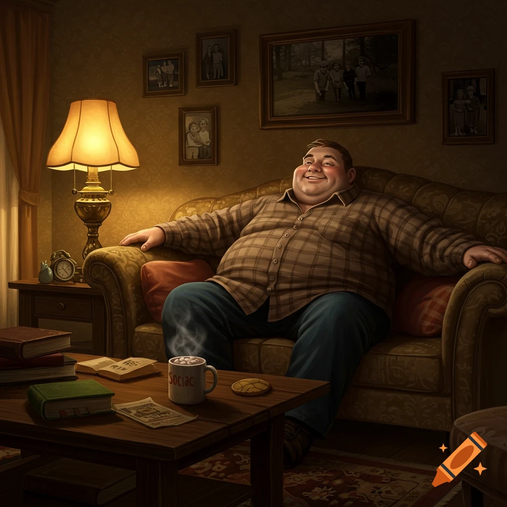 A smiling obese man in a plaid shirt sits comfortably on a couch in a dimly lit, cozy living room with a lamp, books, and a steaming mug.