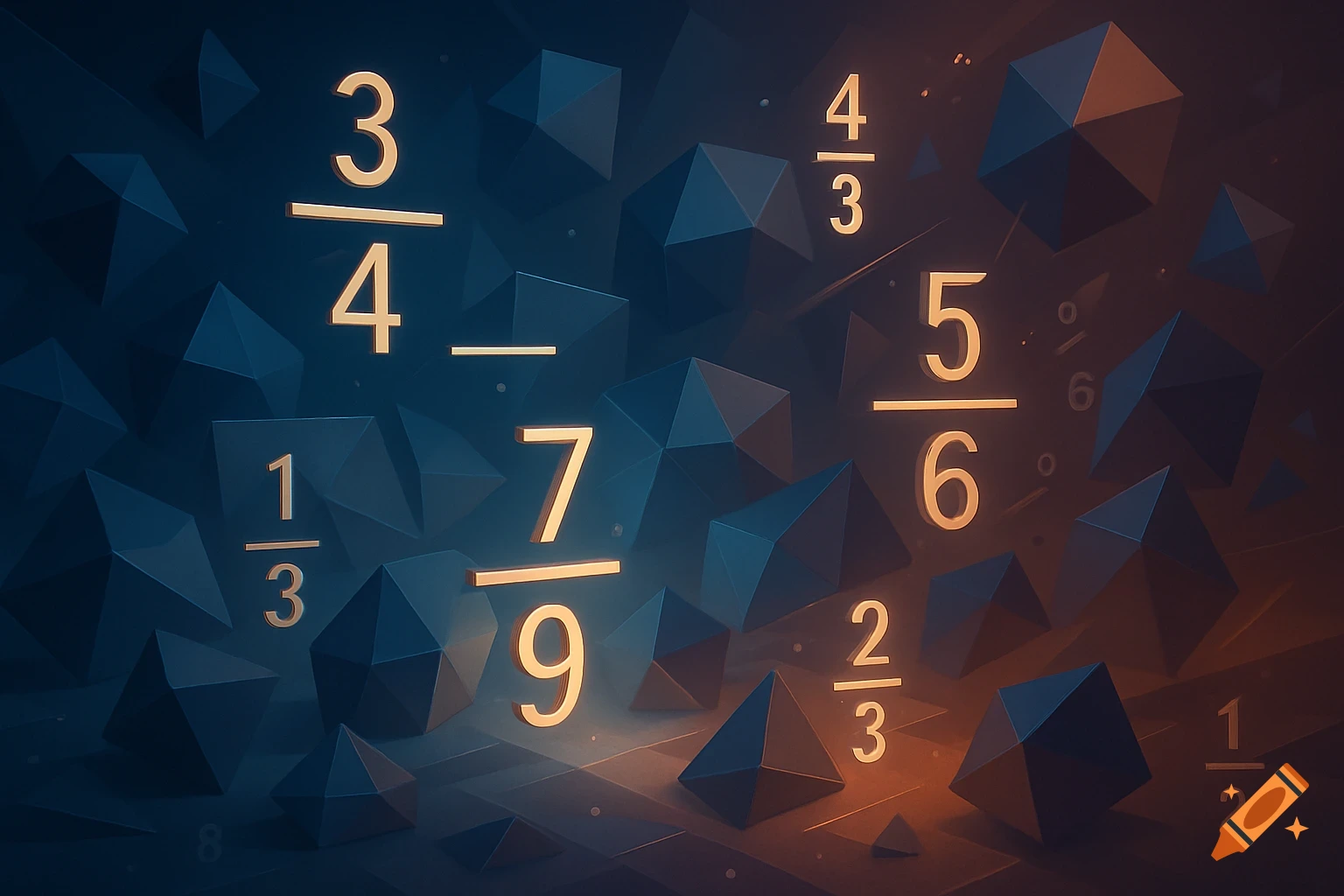 3D rendered mathematical fractions and a minus sign float amidst abstract polygonal shapes with blue and orange lighting.