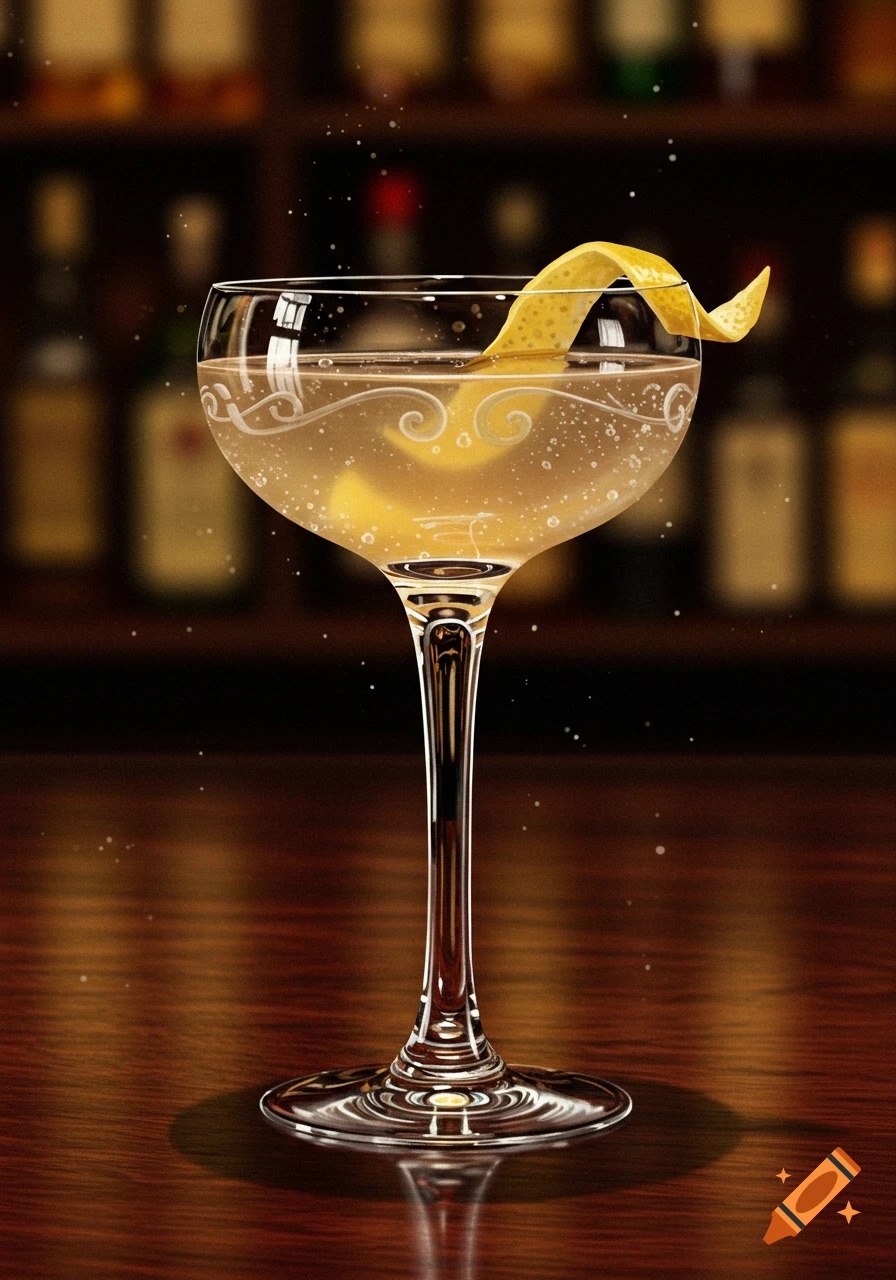 Photorealistic cocktail in a Nick & Nora glass with a lemon peel garnish on a wooden bar counter with a blurred background.