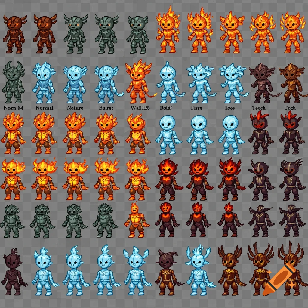 A large pixel art sprite sheet displaying numerous small, modular fantasy creatures in a grid layout. The creatures have different elemental themes like fire, water, and dark, with multiple variations of each.