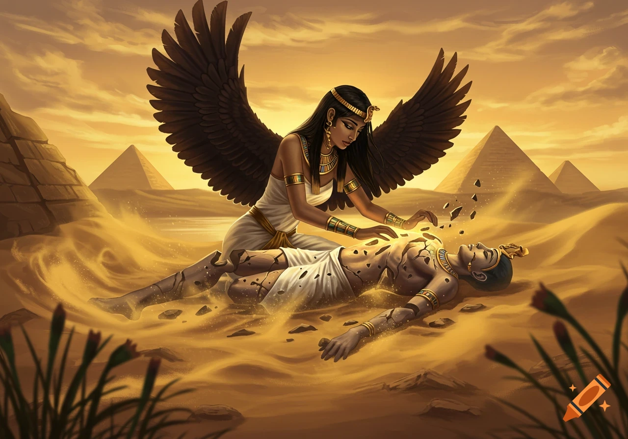 A winged goddess mends a broken male figure in an ancient Egyptian desert with pyramids under a golden sky.