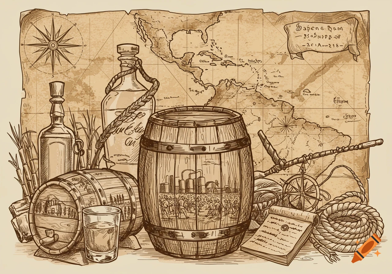 An antique-style sketch featuring a world map, rum barrels, bottles, sugar cane, a compass rose, and an open notebook, symbolizing the history of rum.