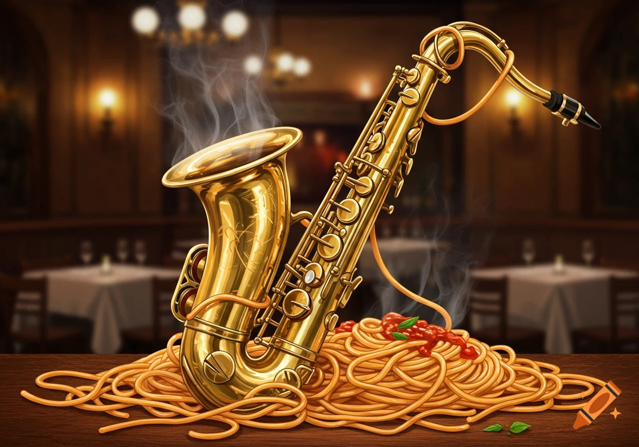 A golden saxophone rests on a steaming pile of spaghetti with red sauce and basil on a wooden table in a dimly lit restaurant.