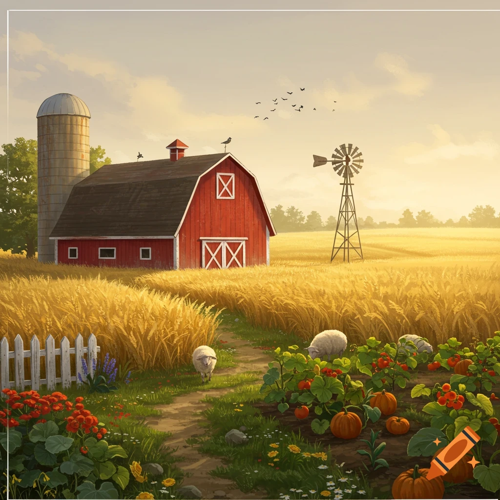 A vibrant illustration of a farm scene with a red barn, silo, golden fields, a pumpkin patch, and sheep under a warm sky.